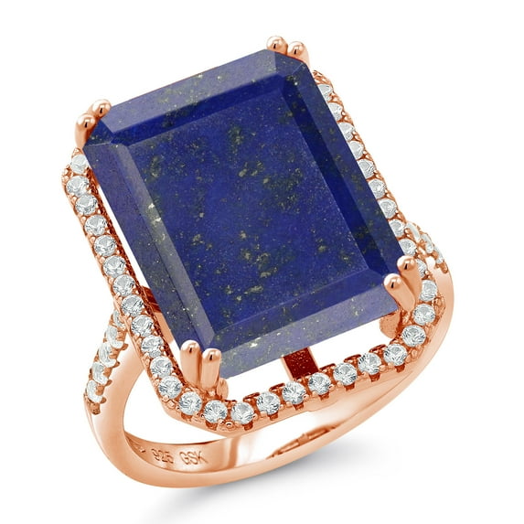 Gem Stone King 14.50 Ct Emerald Cut Blue Lapis 18K Rose Gold Plated Silver Ring