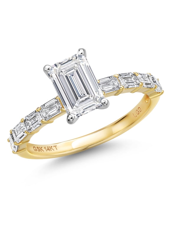 14K 2-Tone Gold Lab Grown Diamond Engagement Ring for Women | 1.72 Cttw | IGI Certified Center Emerald Cut Diamond 1 Ct | D-E Color | VS1-VS2 Clarity | Size 6