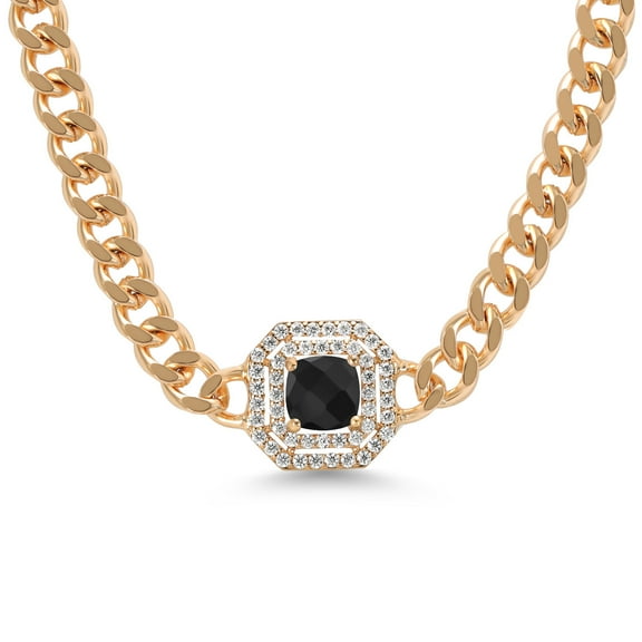 Gem Stone King 14K Gold Plated Black Onyx and Moissanite Cuban Curb Link Chain Pendant Necklace for Women  (1.16 cttw, Cushion 6MM, 16 inch Chain + 2 inch Extender)