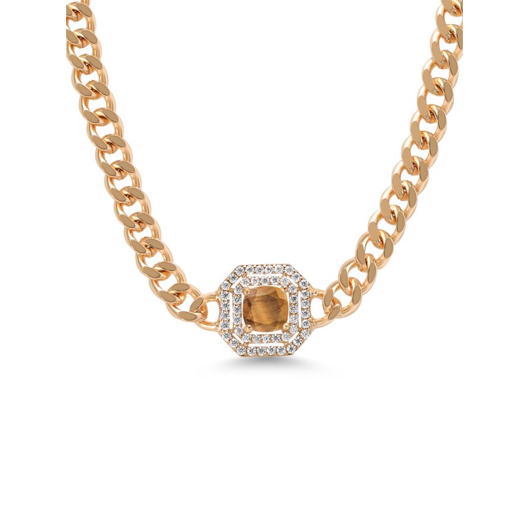 Gem Stone King 14K Gold Plated Brown Tiger Eye and Moissanite 