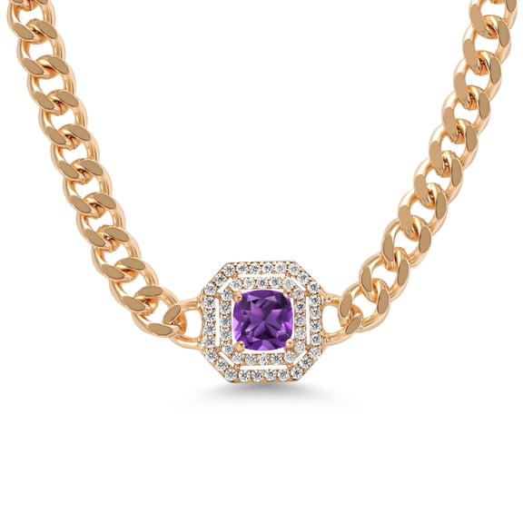 Gem Stone King 14K Gold Plated Purple Amethyst and Moissanite Cuban Curb Link Chain Pendant Necklace for Women (1.21 cttw, Cushion 6MM, 16 inch Chain + 2 inch Extender)