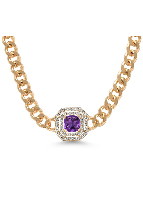 14K Gold Plated Purple Amethyst and Moissanite Cuban Curb Link Chain Pendant Necklace for Women (1.21 cttw, Cushion 6MM, 16 inch Chain + 2 inch Extender)