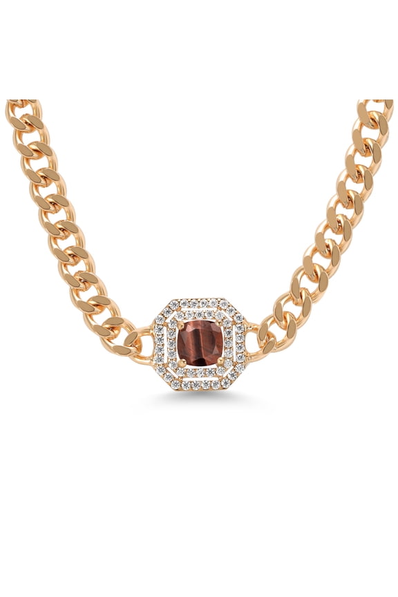 14K Gold Plated Red Tiger Eye and Moissanite Cuban Curb Link Chain Pendant Necklace for Women  (1.24 cttw, Cushion 6MM, 16 inch Chain + 2 inch Extender)