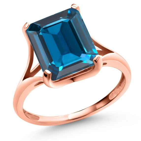 Gem Stone King 14K Rose Gold London Blue Topaz Women's Solitaire Ring 5.80 Ct Emerald Cut