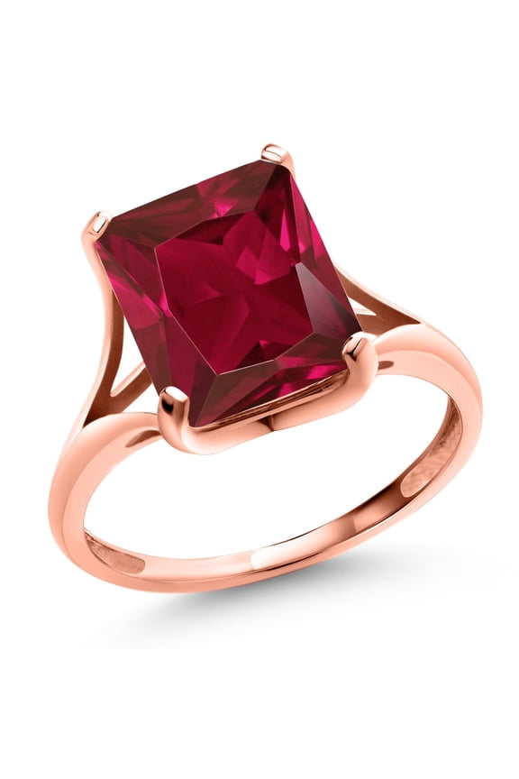14K Rose Gold Red Created Ruby Solitaire Engagement Ring for Women (5.80 Cttw, Emerald Cut 11x9MM)