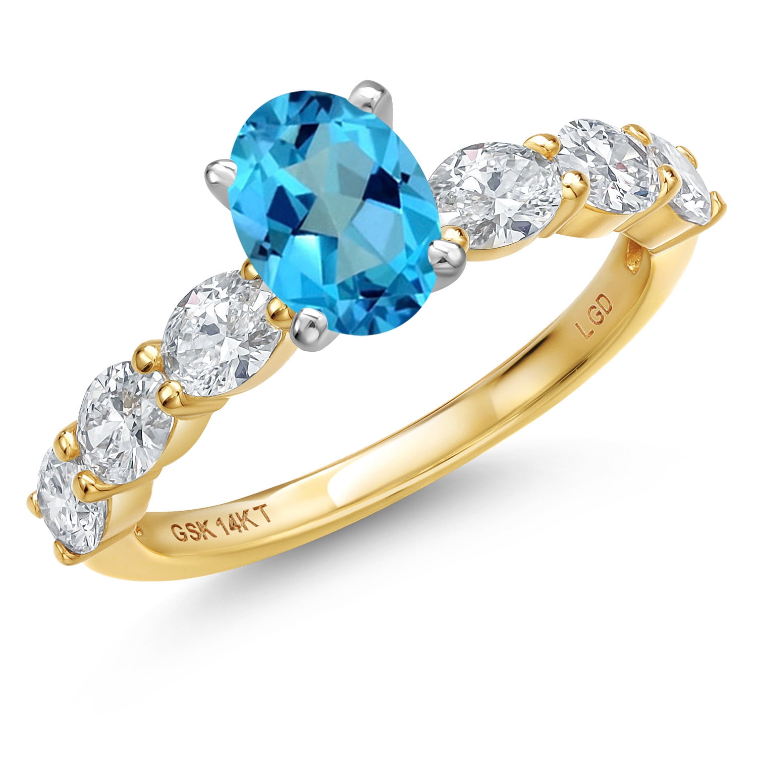 Gem Stone King 14K Two Tone Gold American Blue Mystic Topaz and Lab Grown Diamond Engagement Ring for Women | 1.90 Cttw | Oval 7X5MM | Gemstone November Birthstone | Size 8