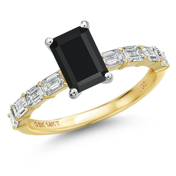 Gem Stone King 14K Two Tone Gold Black Onyx and Lab Grown Diamond Engagement Ring for Women | 1.69 Cttw | Octagon 7X5MM | Gemstone December Birthstone | Size 5