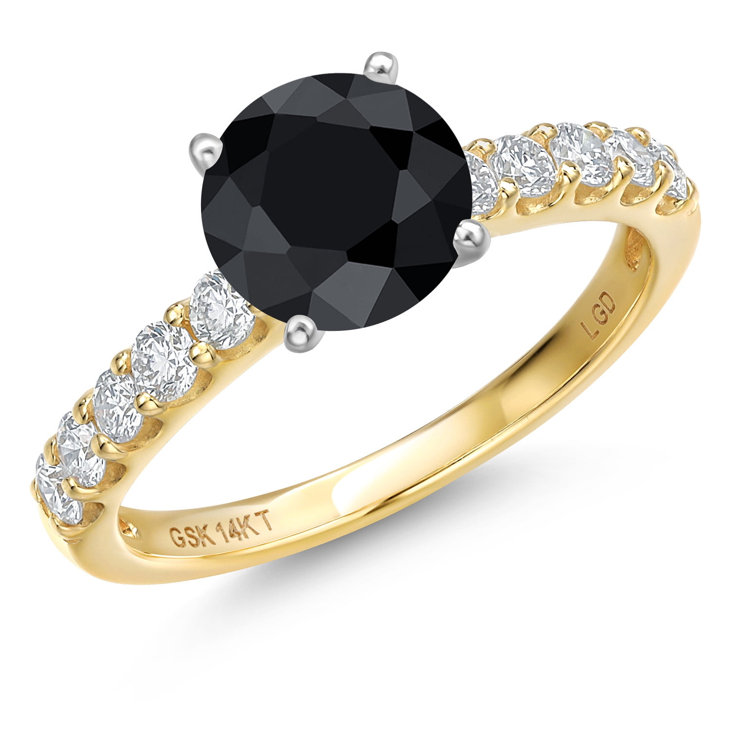 Gem Stone King 14K Two Tone Gold Black Sapphire and Lab Grown Diamond Engagement Ring for Women | 1.53 Cttw | Round 6MM | Gemstone September Birthstone | Size 7