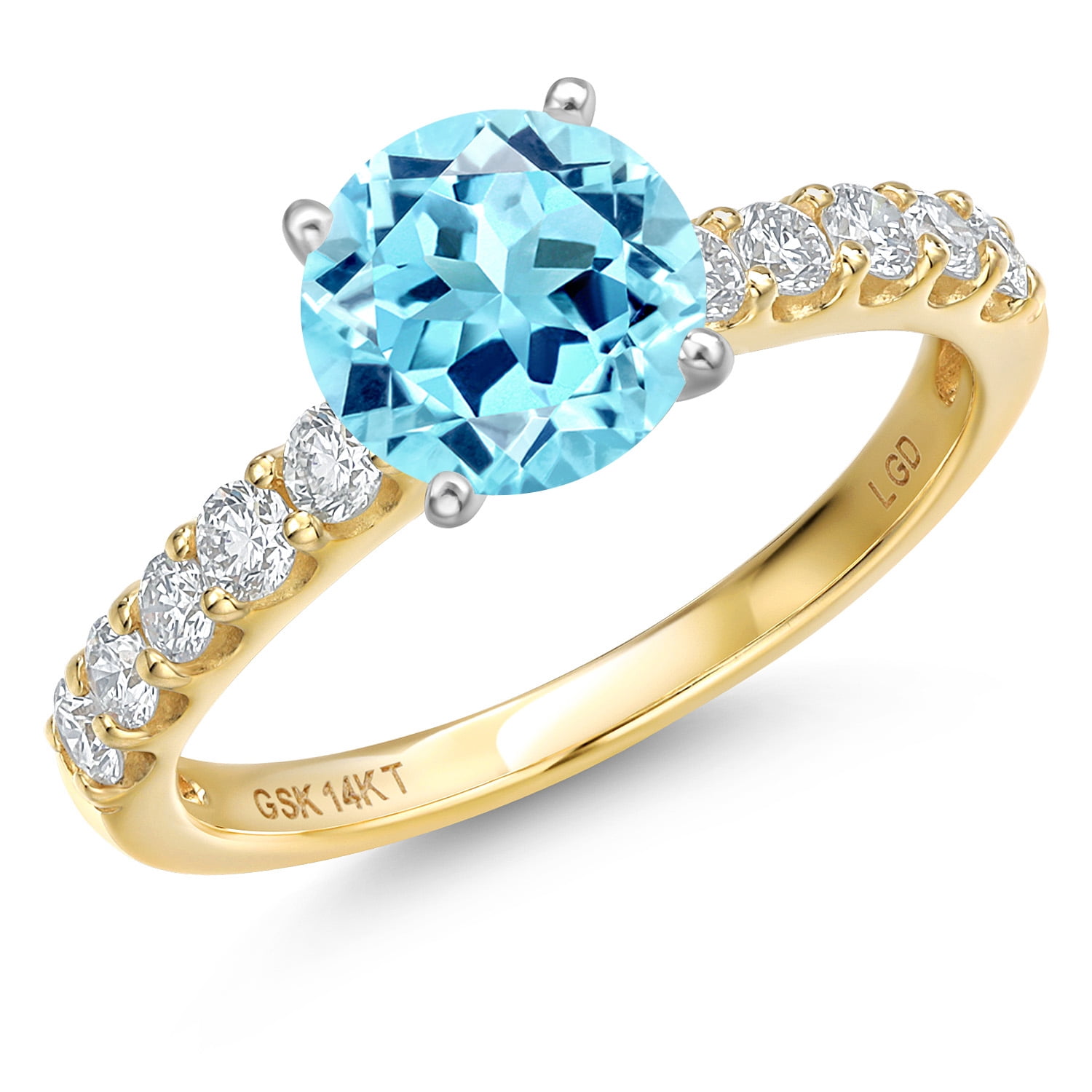 Gem Stone King 14K Two Tone Gold Blue Apatite and Lab Grown Diamond Engagement Ring for Women | 1.20 Cttw | Round 6MM | Gemstone Birthstone | Size 7
