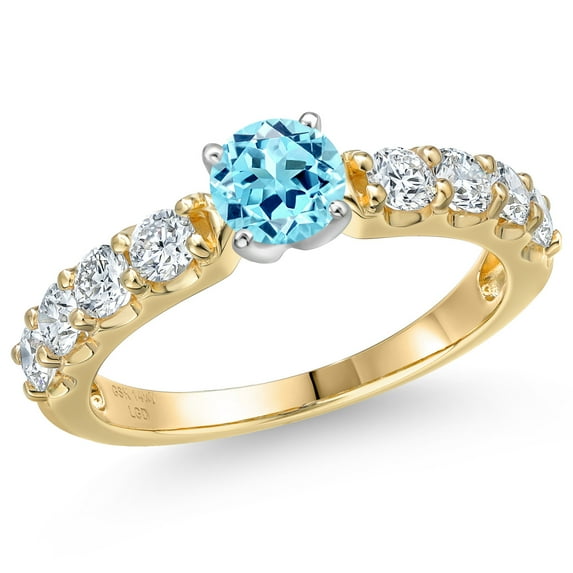 Gem Stone King 14K Two Tone Gold Blue Apatite and Lab Grown Diamond Engagement Ring for Women | 1.38 Cttw | Round 5MM | Gemstone Birthstone | Size 6
