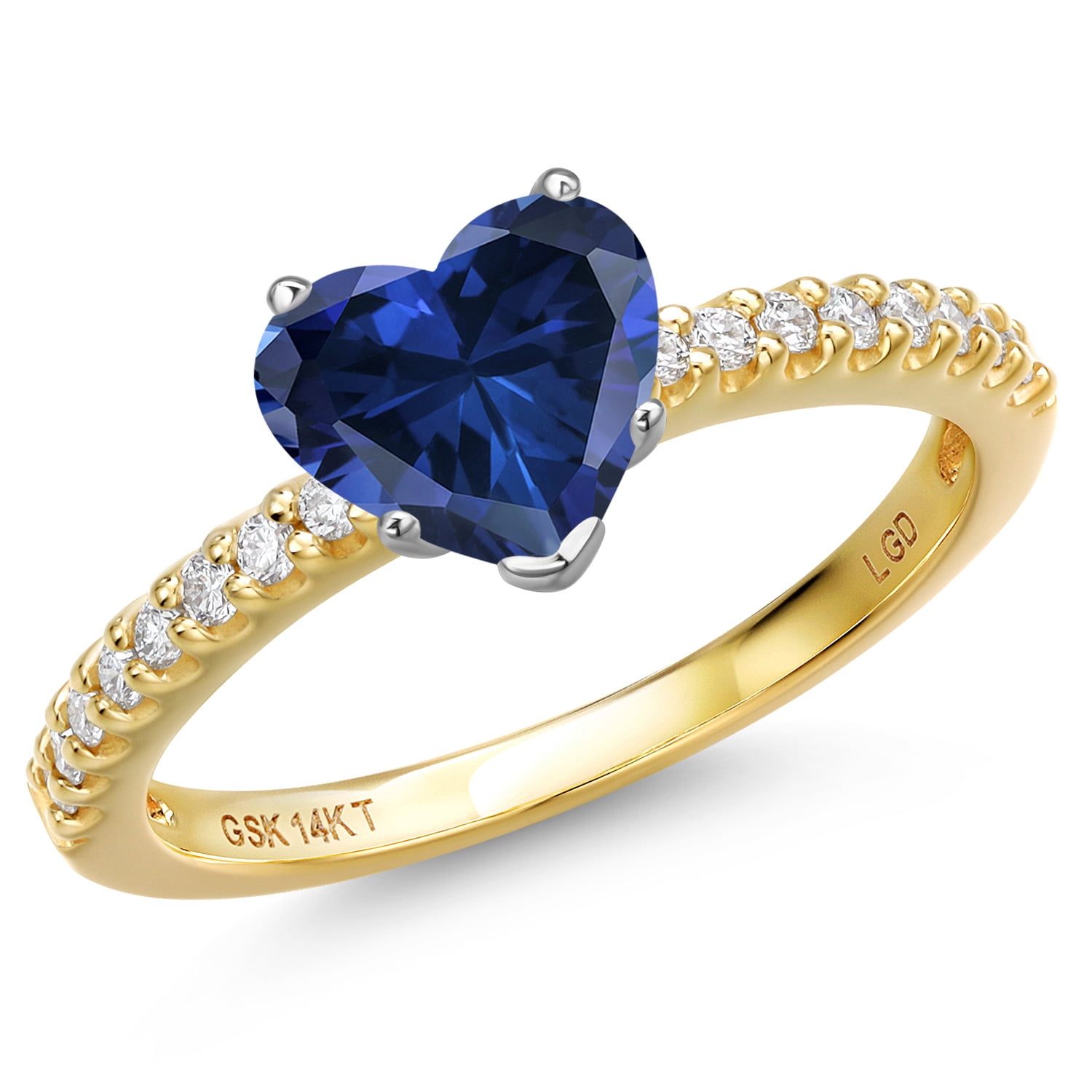 Gem Stone King 14K Two Tone Gold Blue Created Sapphire and Lab Grown Diamond Engagement Ring for Women | 1.16 Cttw | Heart Shape 8MM | Gemstone Birthstone | Available in Size 5,6,7,8,9