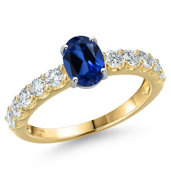Gem Stone King 14K Two Tone Gold Blue Created Sapphire and Lab Grown Diamond Engagement Ring for Women | 1.65 Cttw | Oval 7X5MM | Gemstone September Birthstone | Size 9