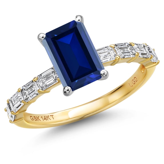 Gem Stone King 14K Two Tone Gold Blue Created Sapphire and Lab Grown Diamond Engagement Ring for Women | 2.22 Cttw | Emerald Cut 8X6MM | Gemstone September Birthstone | Available in Size 5,6,7,8,9