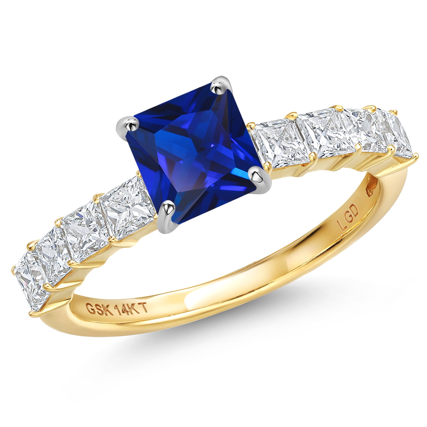 Gem Stone King 14K White And Yellow Gold Blue Created Sapphire and Lab Grown Diamond Engagement Ring for Women | 2.36 Cttw | Princess 6MM | Gemstone September Birthstone | Size 9