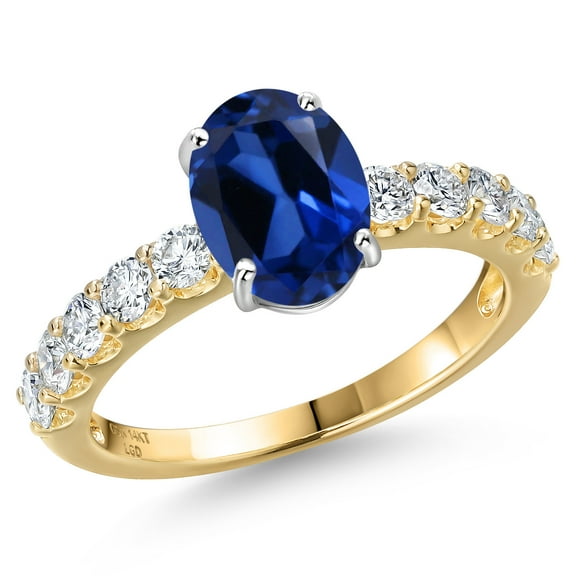 Gem Stone King 14K Two Tone Gold Blue Created Sapphire and Lab Grown Diamond Engagement Ring for Women | 2.95 Cttw | Oval 9X7MM | Gemstone September Birthstone | Size 5