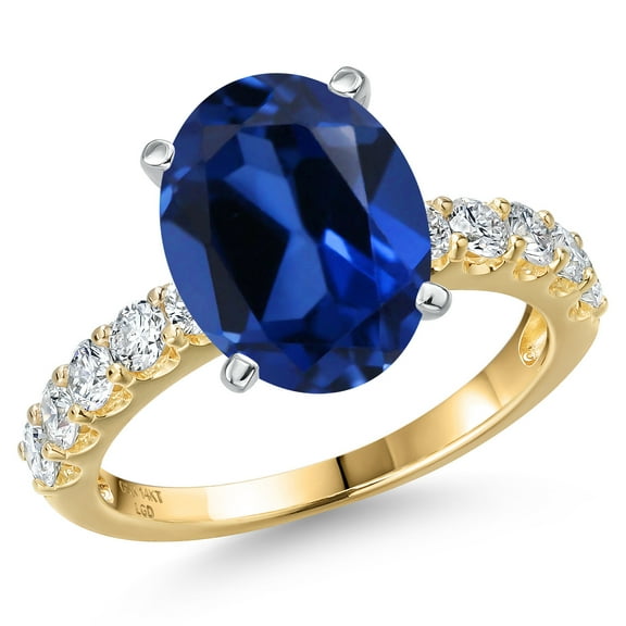 Gem Stone King 14K Two Tone Gold Blue Created Sapphire and Lab Grown Diamond Engagement Ring for Women | 6.65 Cttw | Oval 12X10MM | Gemstone September Birthstone | Size 9