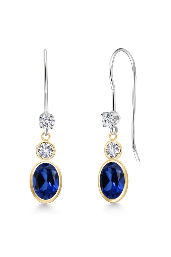 14K Two Tone Gold Blue Created Sapphire and White Created Sapphire and Lab Grown Diamond Dangle Earrings for Women | 2.40 Cttw | Gemstone September Birthstone | Oval 7X5MM