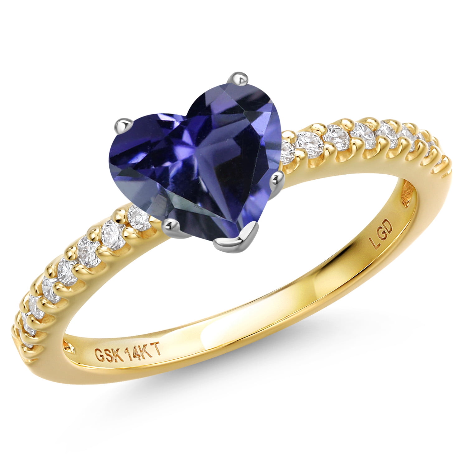 Gem Stone King 14K Two Tone Gold Blue Iolite and Lab Grown Diamond Engagement Ring for Women | 1.41 Cttw | Heart Shape 8MM | Gemstone Birthstone | Size 5