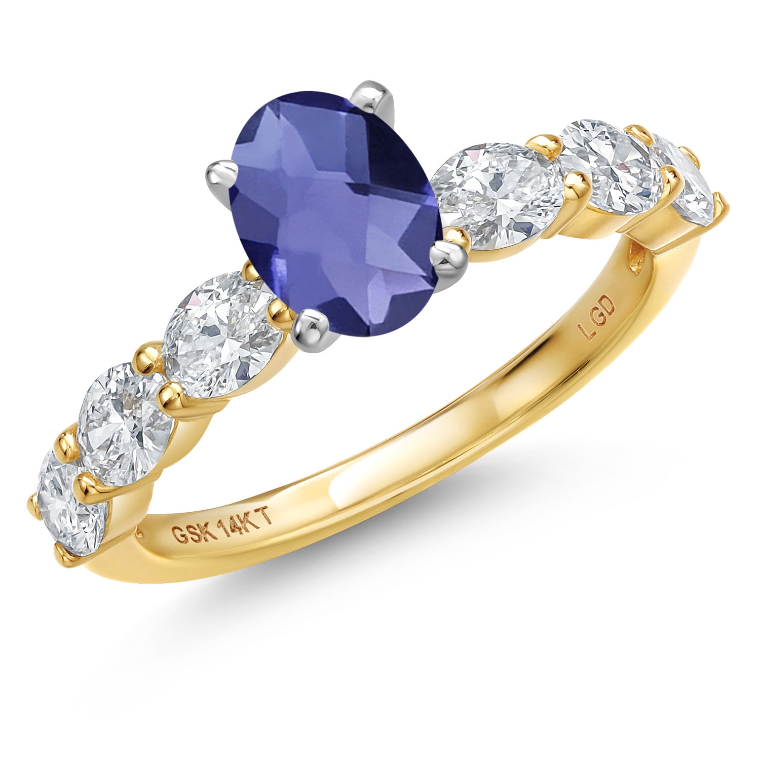 Gem Stone King 14K Two Tone Gold Blue Iolite and Lab Grown Diamond Engagement Ring for Women | 1.55 Cttw | Oval Checkerboard 7X5MM | Gemstone Birthstone | Size 6