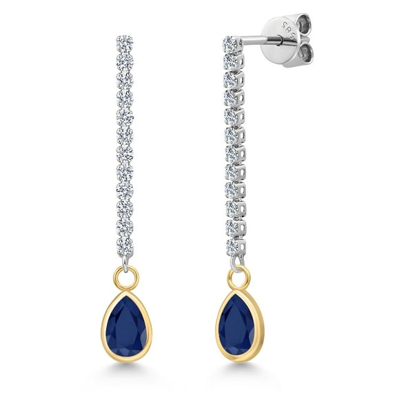 Gem Stone King 14K Two Tone Gold Blue Sapphire and Lab Grown Diamond Earrings for Women | 2.14 Cttw | Gemstone September Birthstone | Pear Shape 7X5MM