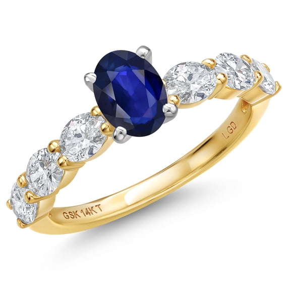 Gem Stone King 14K Two Tone Gold Blue Sapphire and Lab Grown Diamond Engagement Ring for Women | 1.45 Cttw | Oval 6X4MM | Gemstone September Birthstone | Size 5