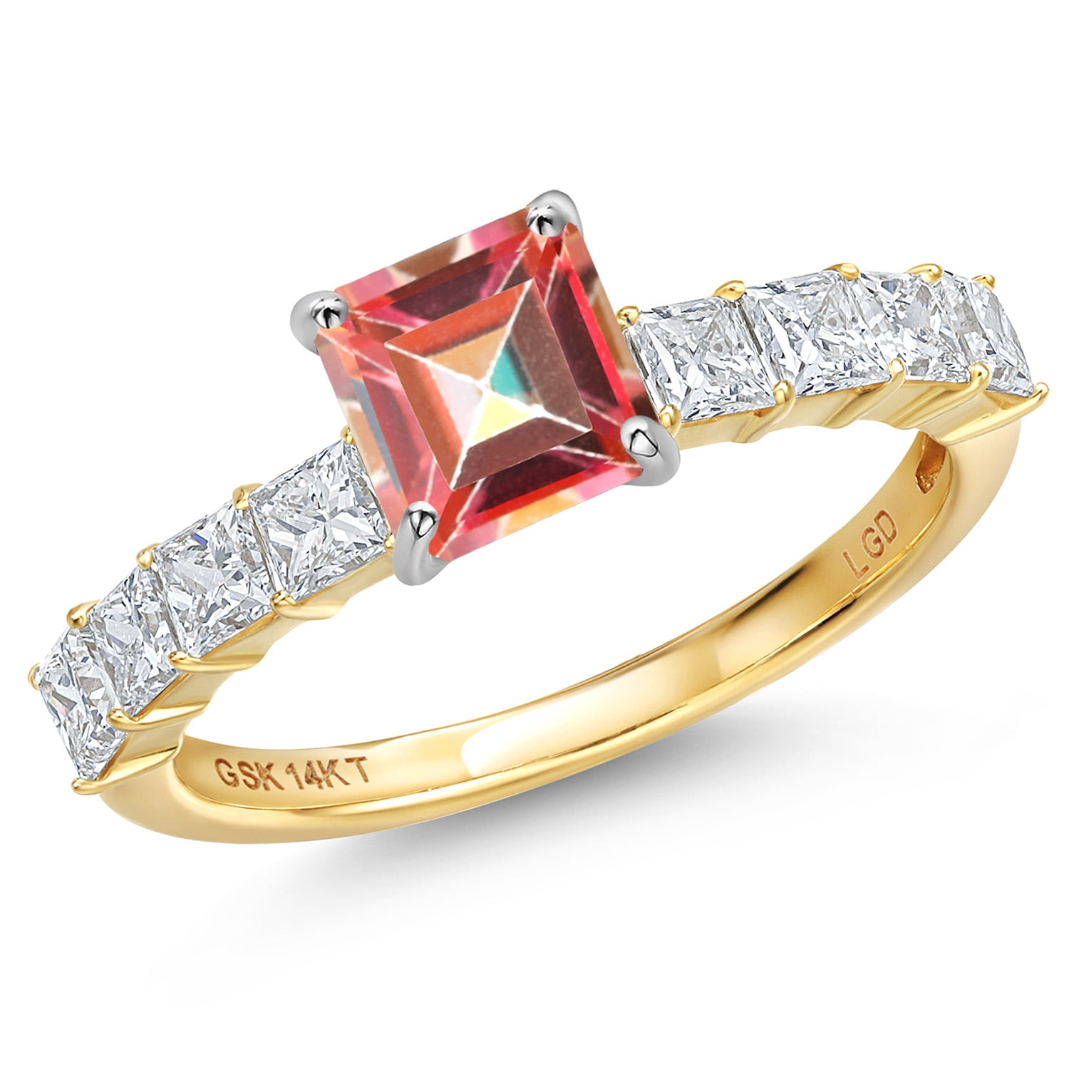 Gem Stone King 14K White And Yellow Gold Ecstasy Mystic Topaz and Lab Grown Diamond Engagement Ring for Women | 2.16 Cttw | Princess 6MM | Gemstone November Birthstone | Size 9