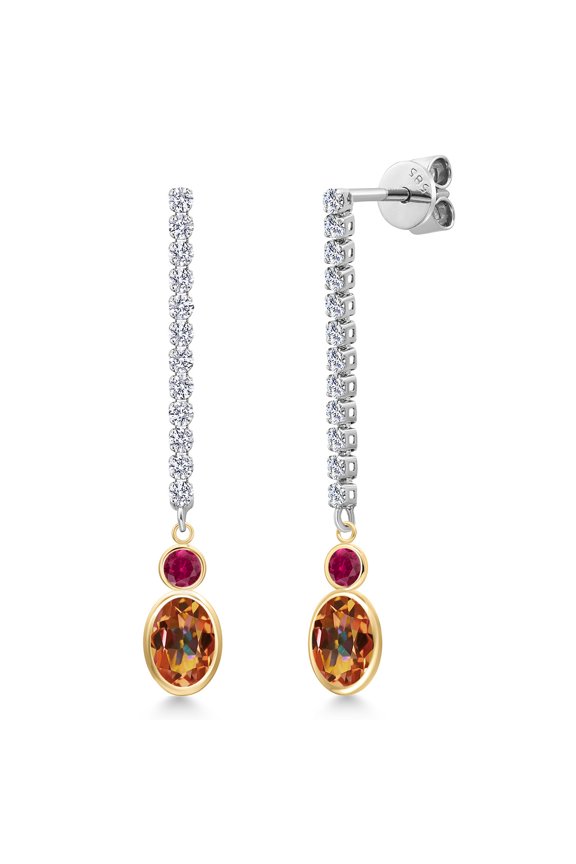 14K Two Tone Gold Ecstasy Mystic Topaz and Red Created Ruby and Lab Grown Diamond Dangle Earrings for Women | 2.76 Cttw | Gemstone November Birthstone | Oval 7X5MM