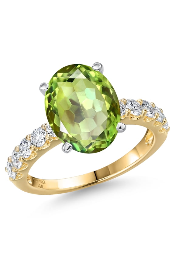 14K Two Tone Gold Green Apple Mystic Quartz and Lab Grown Diamond Engagement Ring for Women | 5.48 Cttw | Oval 12X10MM | Gemstone Birthstone | Size 6