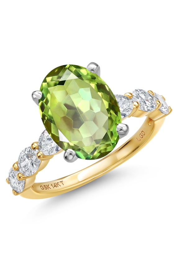 14K Two Tone Gold Green Apple Mystic Quartz and Lab Grown Diamond Engagement Ring for Women | 5.73 Cttw | Oval 12X10MM | Gemstone Birthstone | Size 6