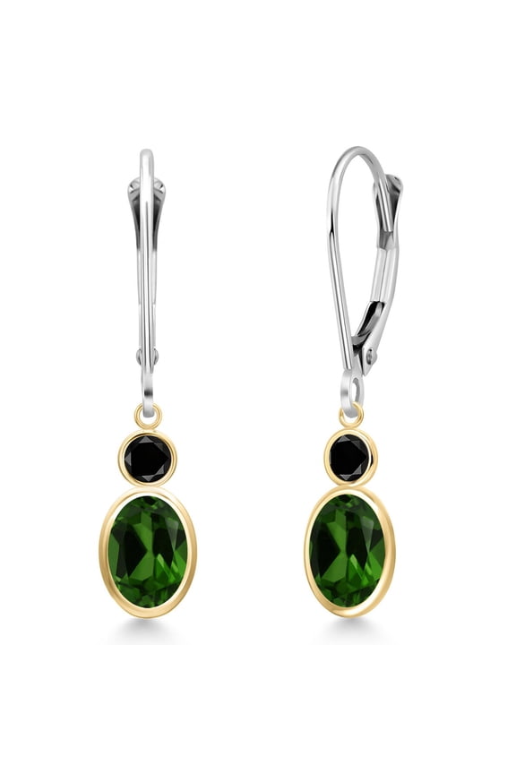 14K Two Tone Gold Green Chrome Diopside and Black Diamond Dangle Earrings for Women | 1.60 Cttw | Gemstone Birthstone | Oval 7X5MM