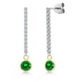 thumbnail image 1 of Gem Stone King 14K Two Tone Gold Green Created Emerald and Lab Grown Diamond Long Liner Dangle Earrings for Women | 2.36 Cttw | Gemstone May Birthstone | Round 6MM, 1 of 6