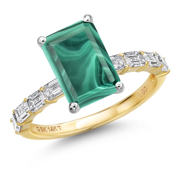 Gem Stone King 14K Two Tone Gold Green Malachite and Lab Grown Diamond Engagement Ring for Women | 5.72 Cttw | Emerald Cut 10X8MM | Gemstone Birthstone | Size 7