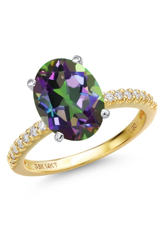 14K Two Tone Gold Green Mystic Quartz and Lab Grown Diamond Engagement Ring for Women | 3.76 Cttw | Oval 11X9MM | Gemstone Birthstone | Size 7