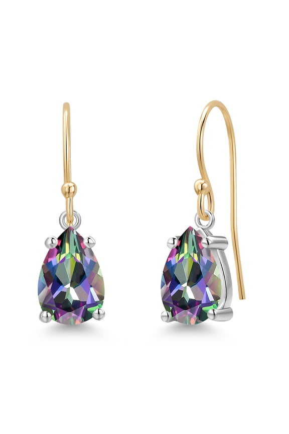 14K Two Tone Gold Green Mystic Topaz Dangle Earrings for Women | 2.00 Cttw | Gemstone November Birthstone | Pear Shape 8X5MM