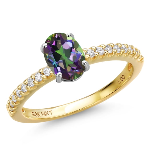 Gem Stone King 14K Two Tone Gold Green Mystic Topaz and Lab Grown Diamond Engagement Ring for Women | 1.16 Cttw | Oval 7X5MM | Gemstone November Birthstone | Size 8