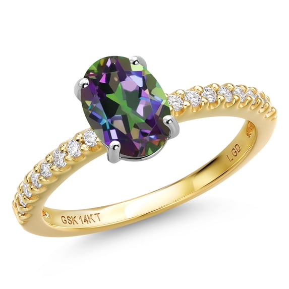 Gem Stone King 14K Two Tone Gold Green Mystic Topaz and Lab Grown Diamond Engagement Ring for Women | 1.74 Cttw | Oval 8X6MM | Gemstone November Birthstone | Size 9