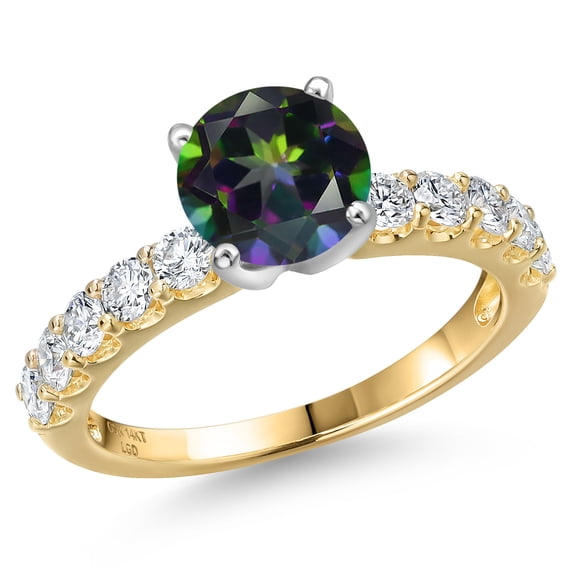 Gem Stone King 14K Two Tone Gold Green Mystic Topaz and Lab Grown Diamond Engagement Ring for Women | 1.95 Cttw | Round 7MM | Gemstone November Birthstone | Size 5