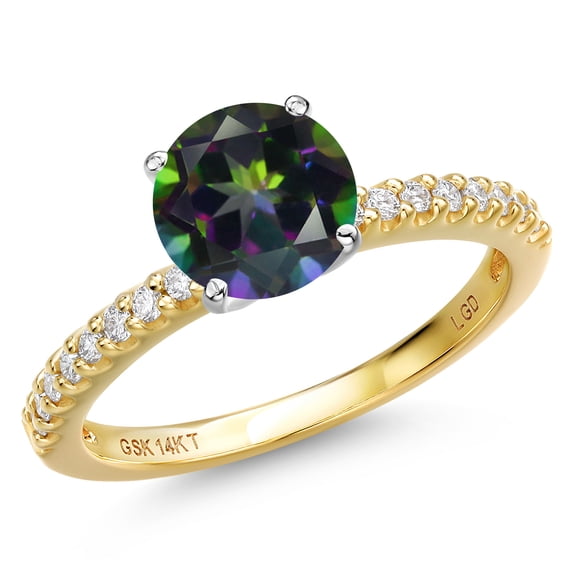 Gem Stone King 14K Two Tone Gold Green Mystic Topaz and Lab Grown Diamond Engagement Ring for Women | 2.56 Cttw | Round 8MM | Gemstone November Birthstone | Size 5