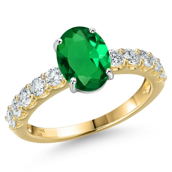 Gem Stone King 14K Two Tone Gold Green Nano Emerald and Lab Grown Diamond Engagement Ring for Women | 2.15 Cttw | Oval 9X7MM | Gemstone May Birthstone | Size 7