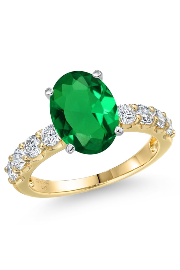 14K Two Tone Gold Green Nano Emerald and Lab Grown Diamond Engagement Ring for Women | 3.63 Cttw | Oval 11X9MM | Gemstone May Birthstone | Size 5