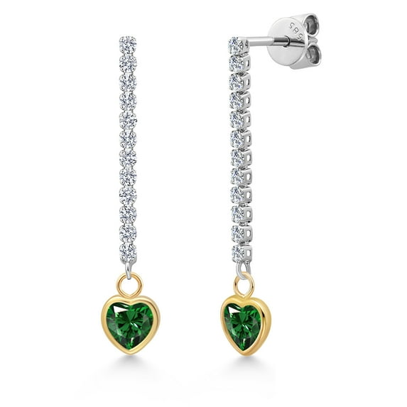 Gem Stone King 14K Two Tone Gold Green Nano Emerald and Lab Grown Diamond Earrings for Women | 1.36 Cttw | Gemstone May Birthstone | Heart Shape 5MM