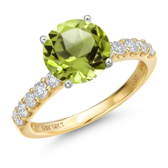 Gem Stone King 14K Two Tone Gold Green Peridot and Lab Grown Diamond Engagement Ring for Women | 1.83 Cttw | Round 7MM | Gemstone August Birthstone | Size 9