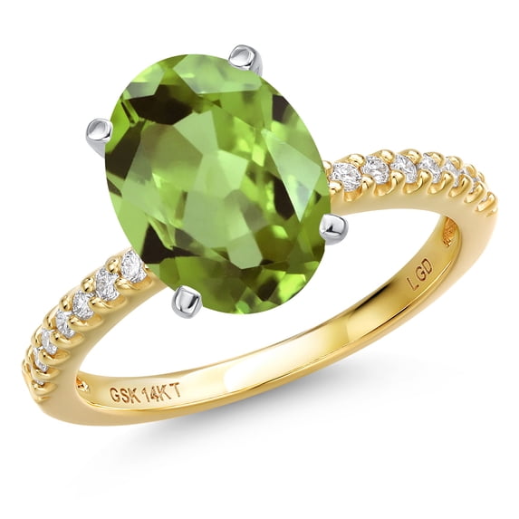 Gem Stone King 14K Two Tone Gold Green Peridot and Lab Grown Diamond Engagement Ring for Women | 3.16 Cttw | Oval 11X9MM | Gemstone August Birthstone | Size 6