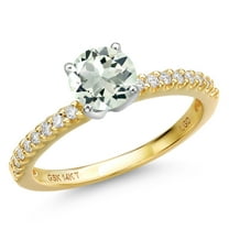 Gem Stone King 14K Two Tone Gold Green Prasiolite and Lab Grown Diamond Engagement Ring for Women | 0.96 Cttw | Round 6MM | Gemstone Birthstone | Size 5