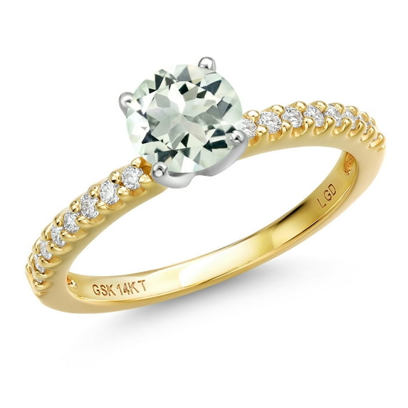Gem Stone King 14K Two Tone Gold Green Prasiolite and Lab Grown Diamond Engagement Ring for Women | 0.96 Cttw | Round 6MM | Gemstone Birthstone | Size 9