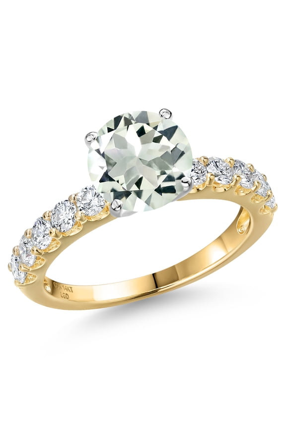 14K Two Tone Gold Green Prasiolite and Lab Grown Diamond Engagement Ring for Women | 2.50 Cttw | Round 8MM | Gemstone Birthstone | Size 5