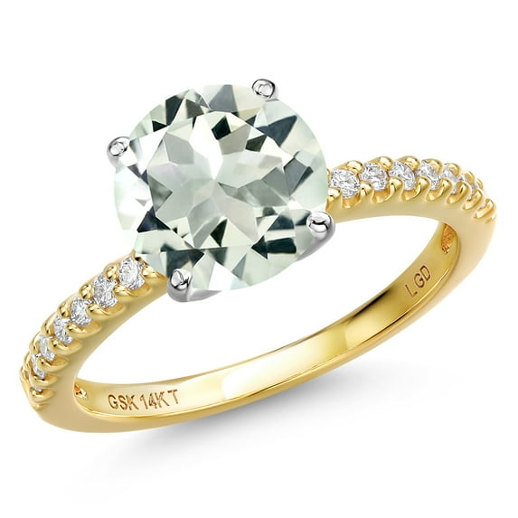Gem Stone King 14K Two Tone Gold Green Prasiolite and Lab Grown Diamond Engagement Ring for Women | 3.23 Cttw | Round 10MM | Gemstone Birthstone | Size 8