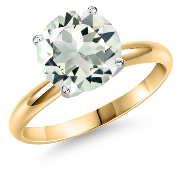 Gem Stone King 14K Two Tone Gold Green Prasiolite Solitaire Engagement Ring for Women | 2.40 Cttw | Round 9MM | Gemstone Birthstone | Size 7