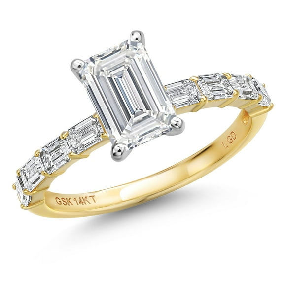 Gem Stone King 14K Two Tone Gold IGI Certified Lab Grown Diamond Engagement Ring for Women | 2.22 Ct | Center Diamond Emerald Cut 1.50 Ct | E-F Color | VS1-VS2 Clarity | Size 7