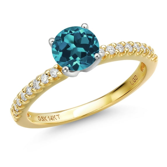 Gem Stone King 14K Two Tone Gold London Blue Topaz and Lab Grown Diamond Engagement Ring for Women | 1.26 Cttw | Round 6MM | Gemstone November Birthstone | Size 9